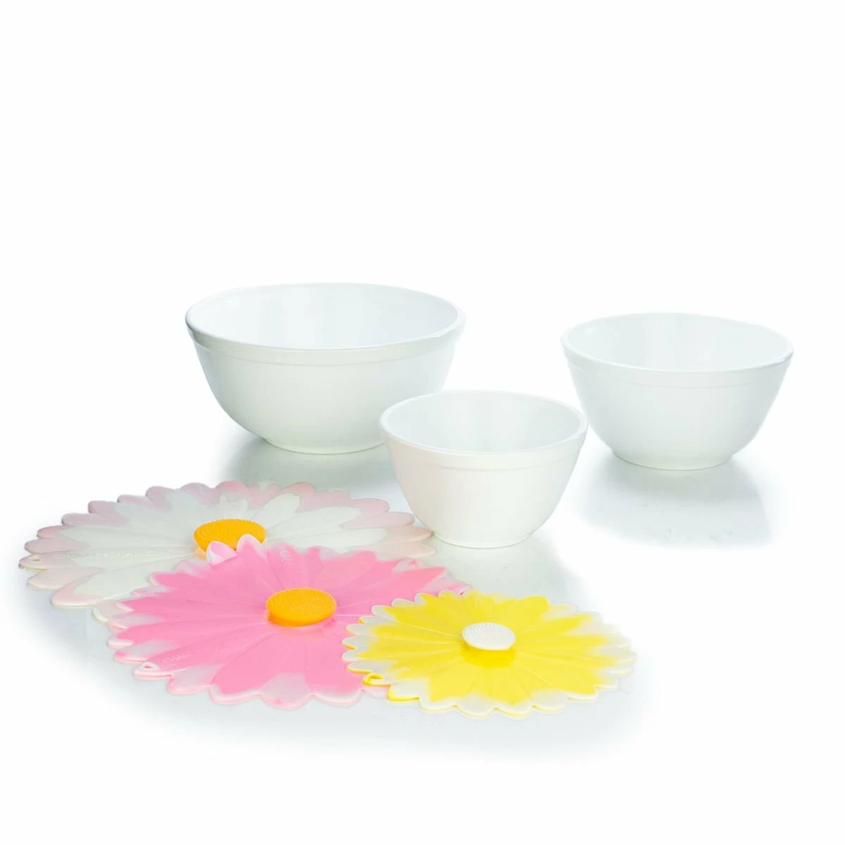 Mosser Glass Mixing Bowl Set With Silicone Lids | White & Daisies 3 Mosser Glass Mixing Bowl Set With Silicone Lids | White & Daisies